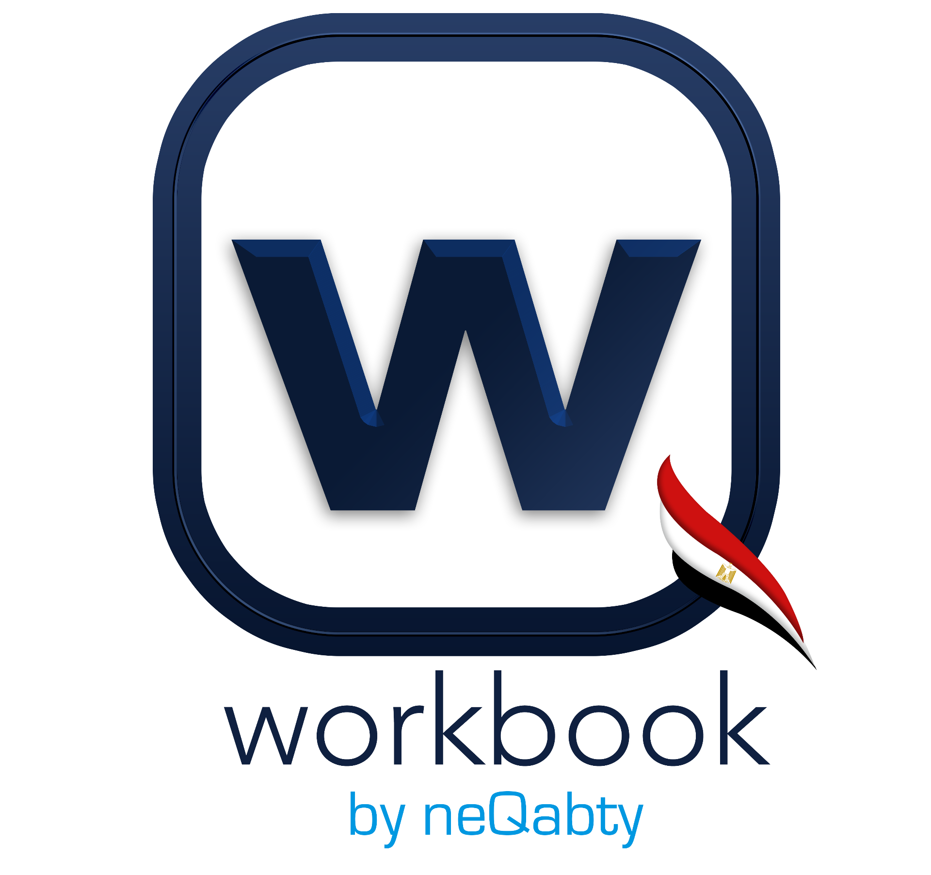 Workbook by Neqabty logo — navy blue rounded-square badge with a bold lowercase 'w' and a stylized Egyptian flag accent, above the wordmark 'workbook by neQabty', partner of Startup Egypt